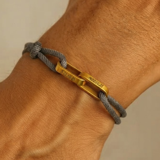 Personalised couple bracelet worn on the wrist, grey cord and two engraved gold bars