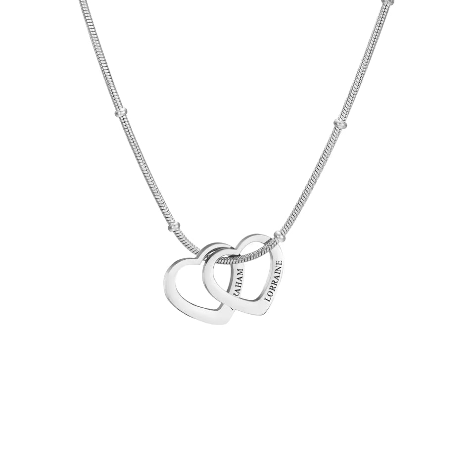 Personalized heart necklace with two engraved silver hearts