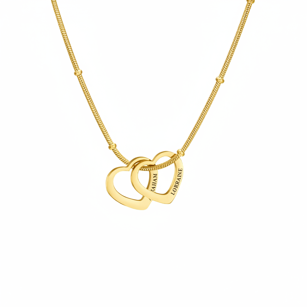 Personalized silver necklace with two engraved hearts