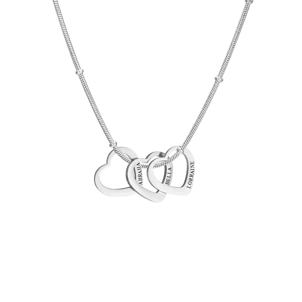 Personalized heart necklace with three engraved silver hearts
