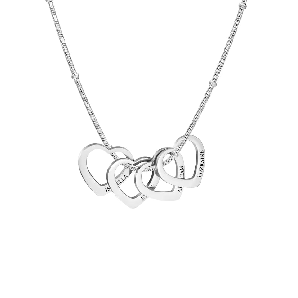Personalized heart necklace with four engraved silver hearts