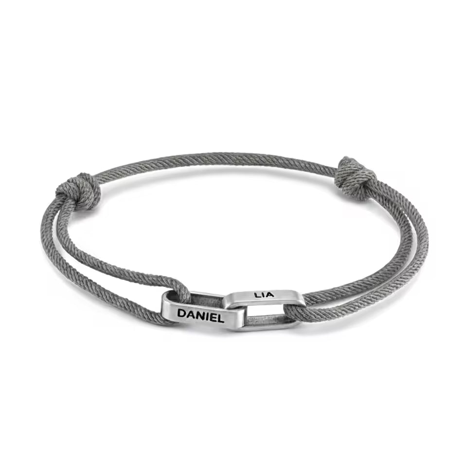 Personalised couple bracelet, grey cord with two engraved silver bars