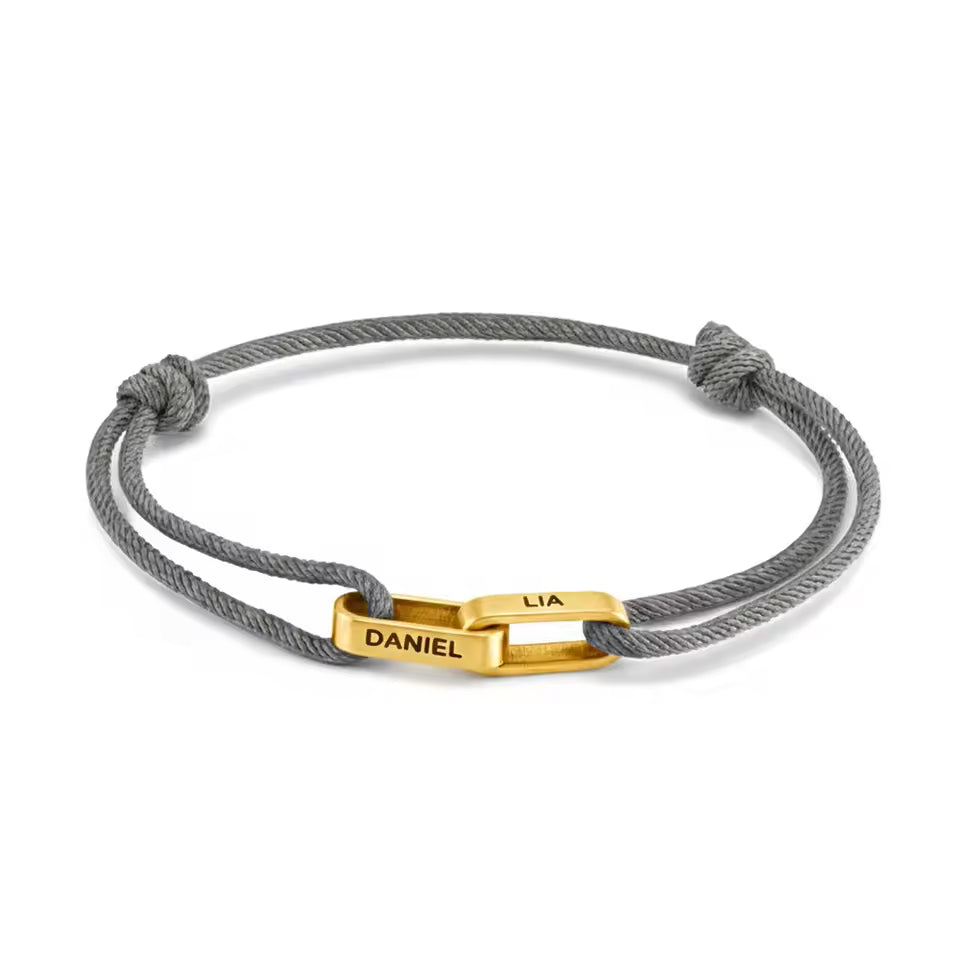 Personalised couple bracelet, grey cord with two engraved gold bars