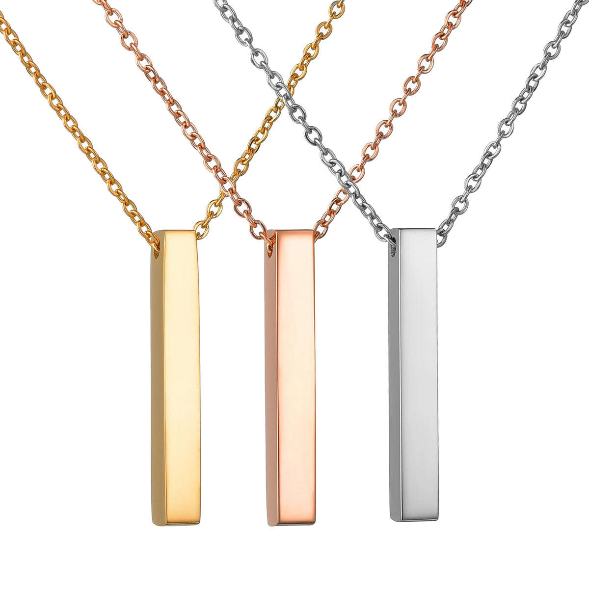 Personalised square bar pendant shown from several angles to reveal each engraved side