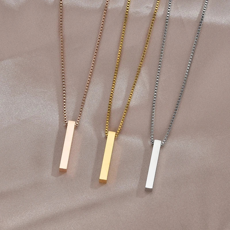 Personalised square bar necklace engraved on four sides, stainless steel