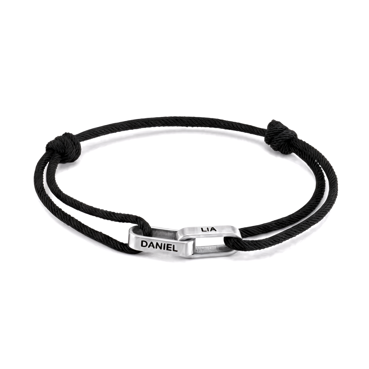 Personalised couple bracelet, black cord with two engraved silver bars
