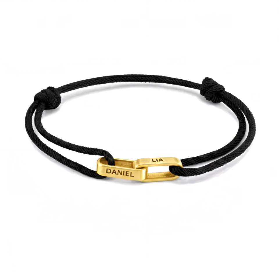 Personalised couple bracelet, black cord with two engraved gold bars