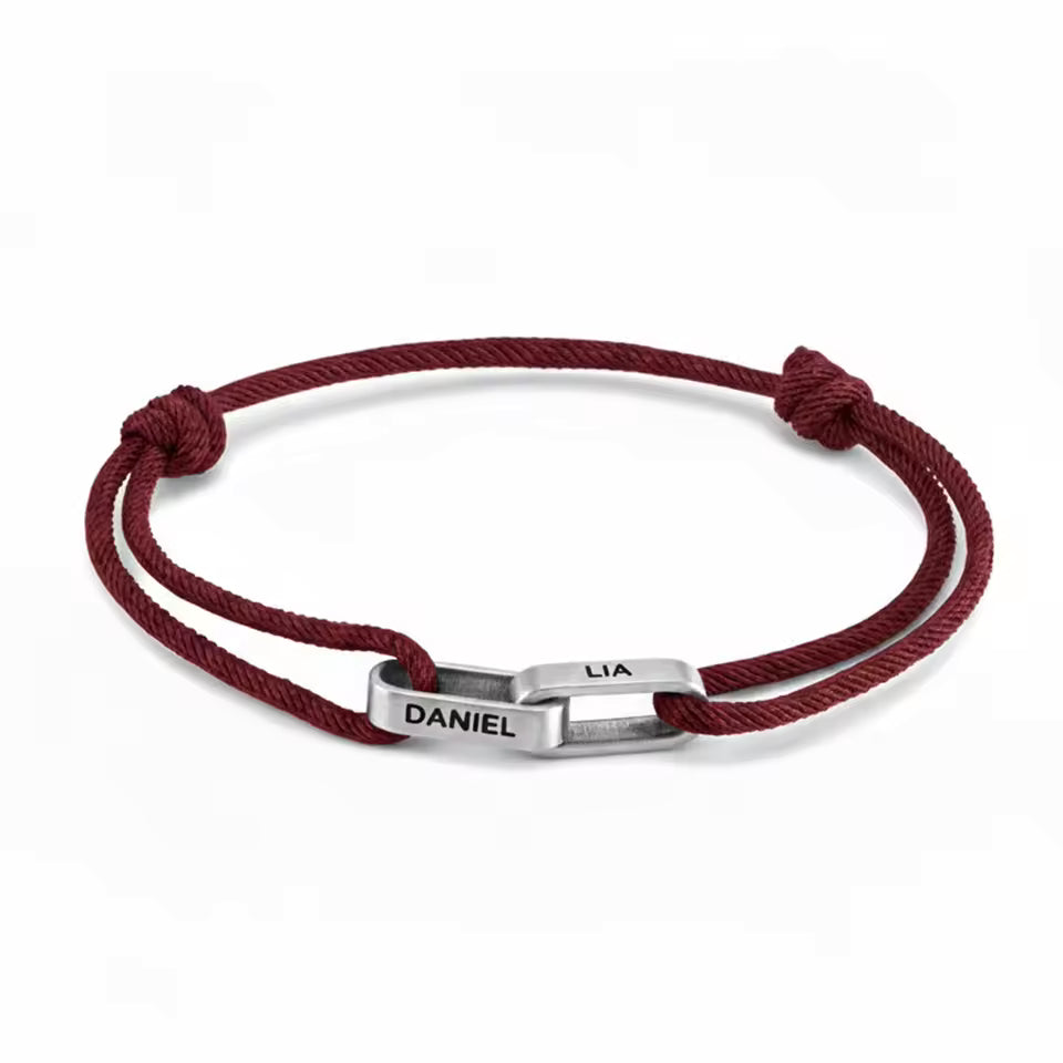 Personalised couple bracelet, red cord with two engraved silver bars