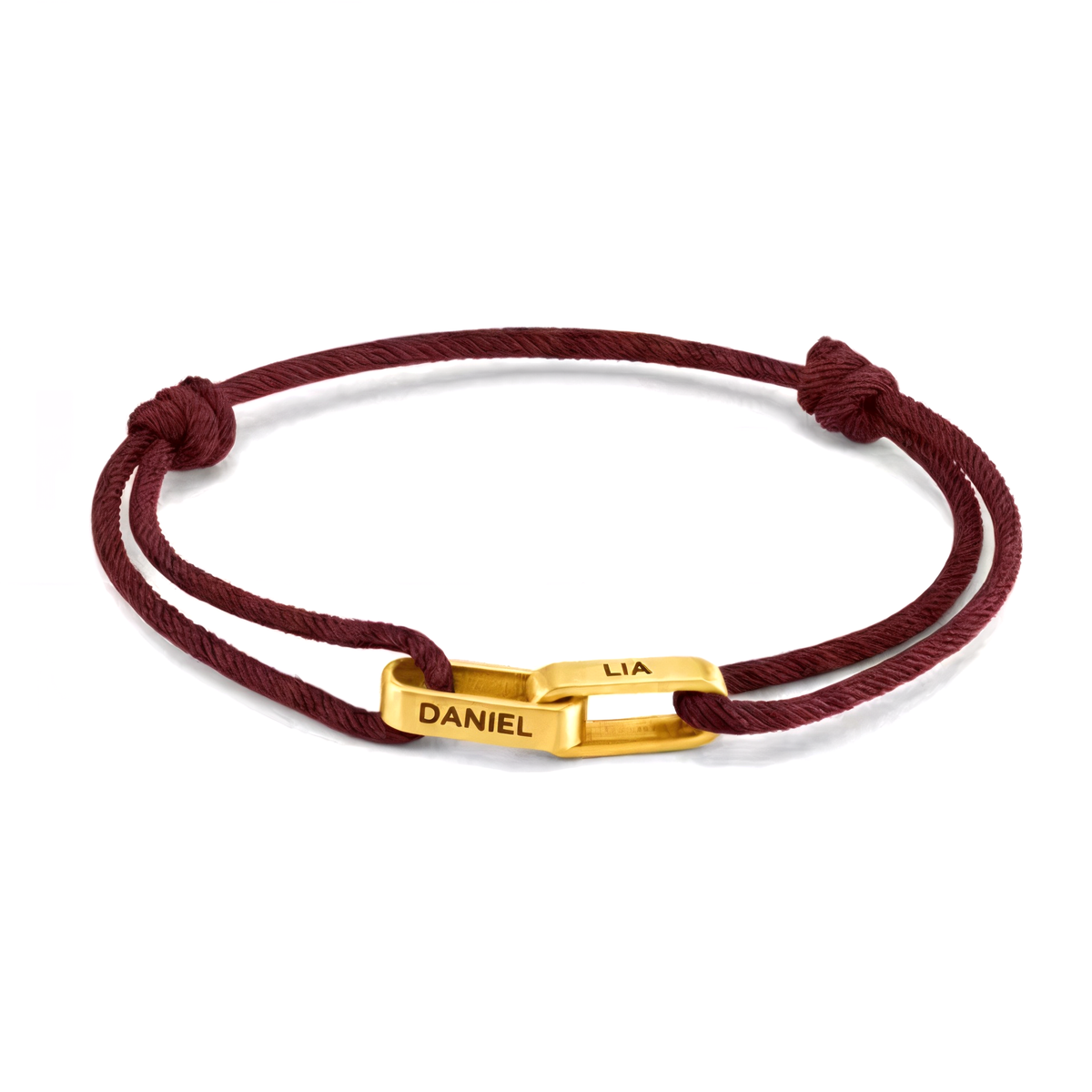 Personalised couple bracelet, red cord with two engraved gold bars