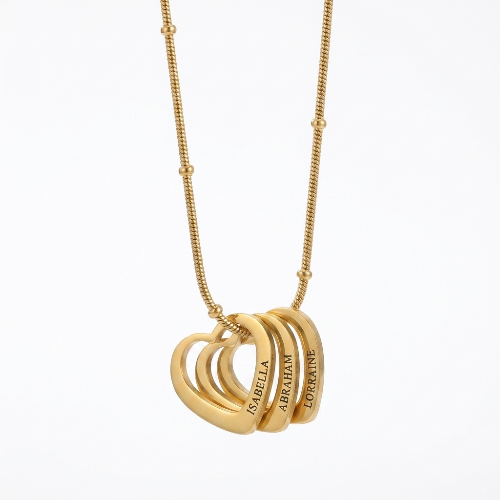 Personalised heart necklace with three interlocking hearts, one engraved name on each